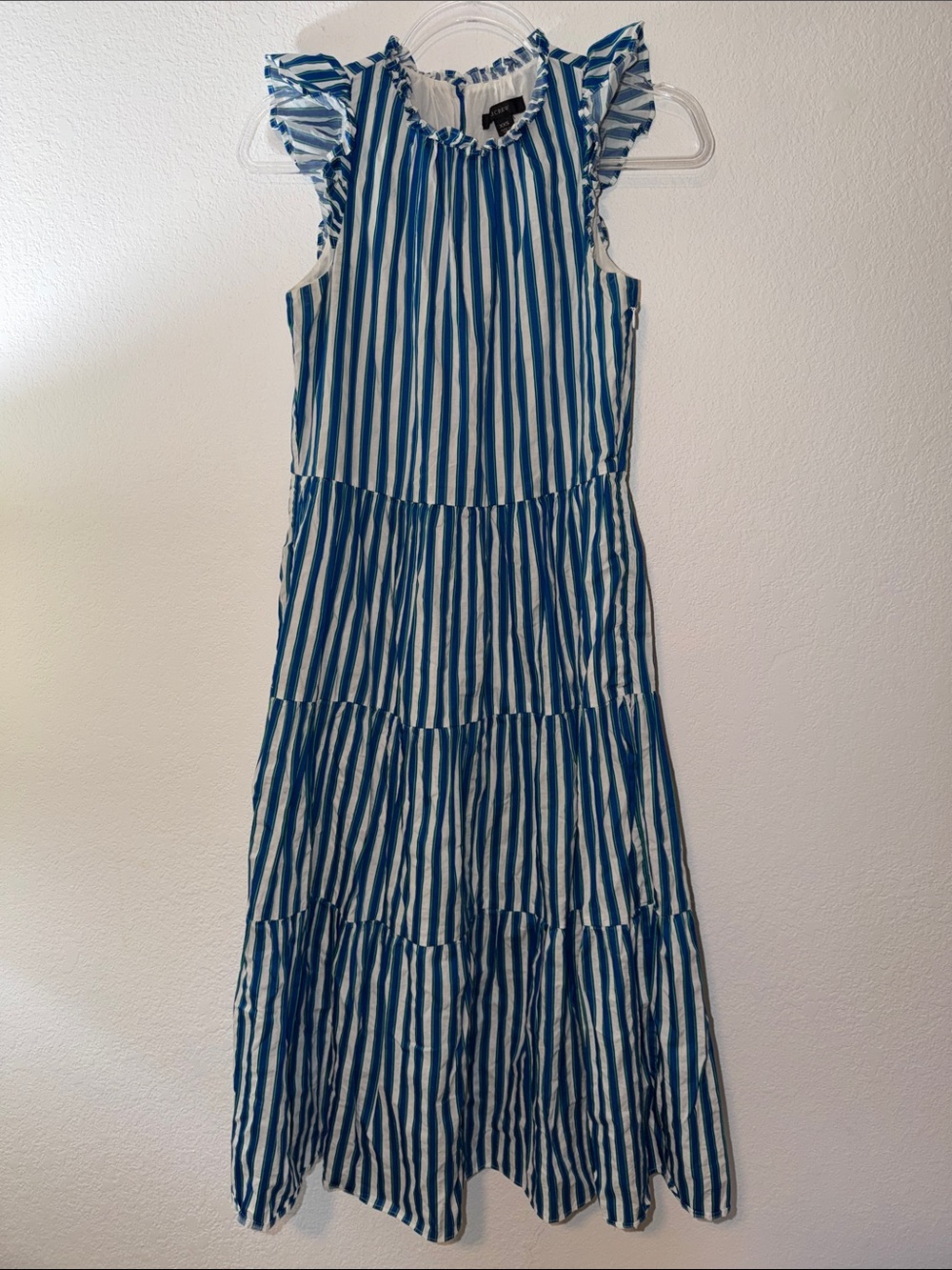 J. Crew Blue, White & Green Striped Ruffled Neck Dress